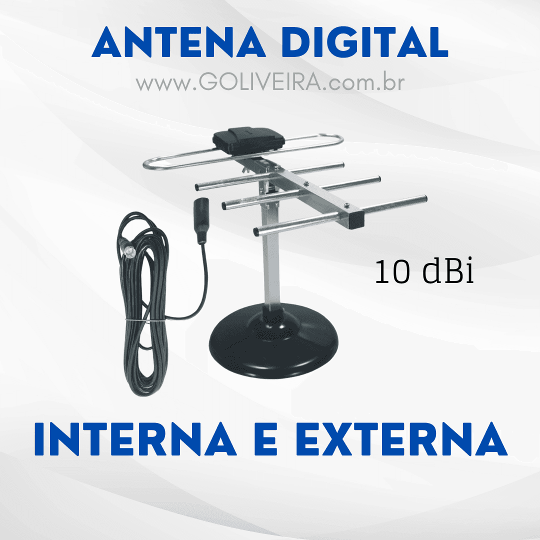 Antena TV Digital Interna e Externa MBTECH MB54147 8 a 10 Dbi Potência com 5 Metros cabo destacável