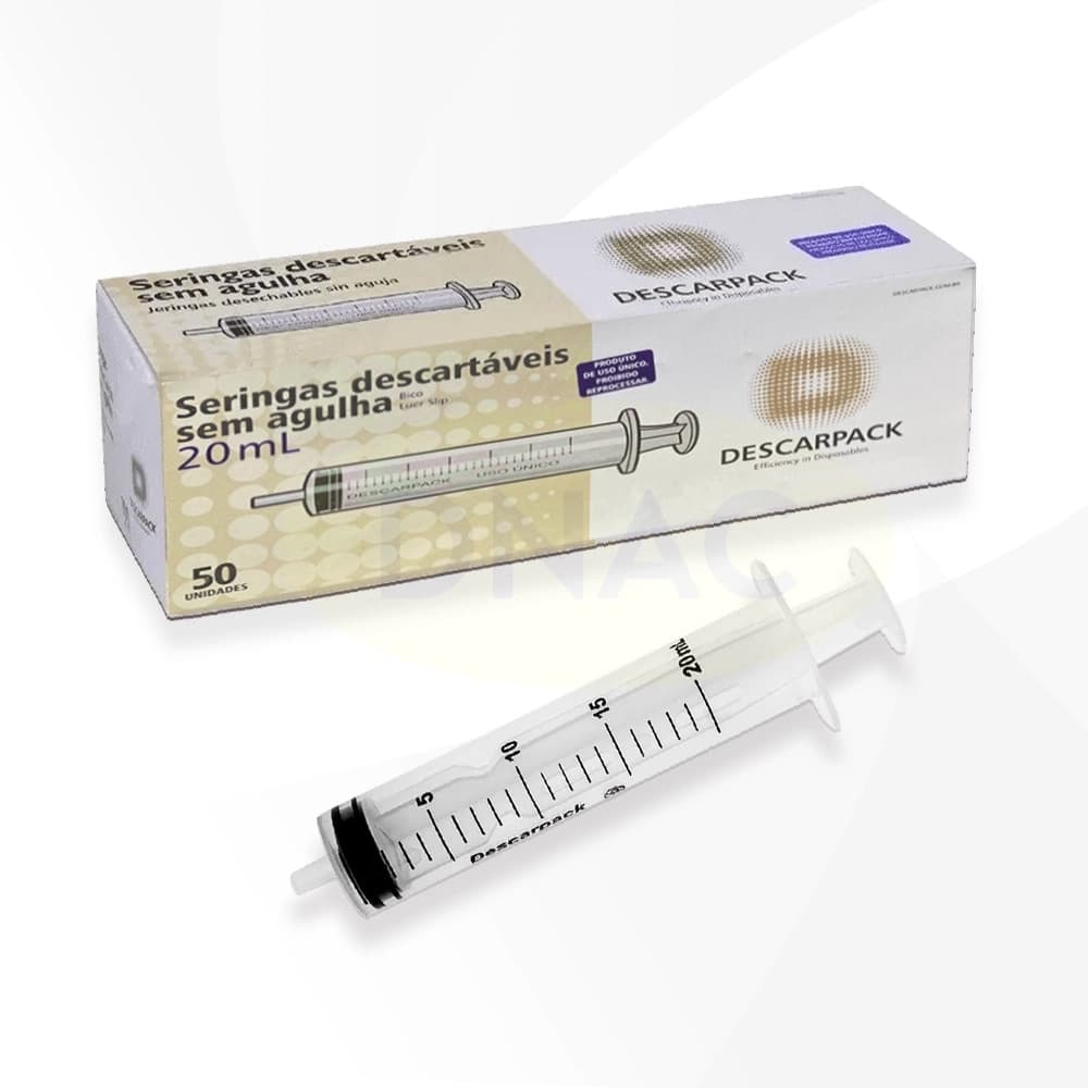 Caixa De Seringas 20ml Sem Agulha Bico Luer Slip Descartável Com 50 Unidades - Descarpack