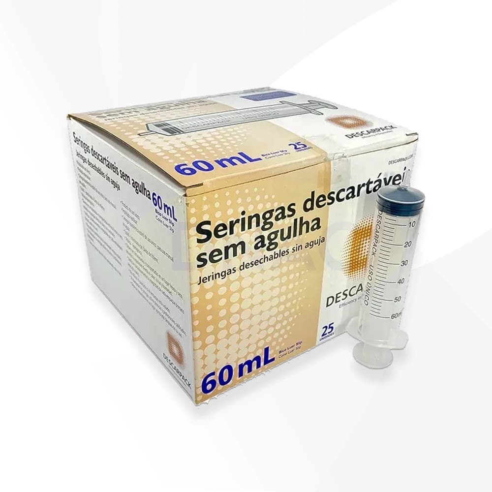 Caixa De Seringas 60ml Sem Agulha Bico Luer Slip Descartável Com 25 Unidades - Descarpack