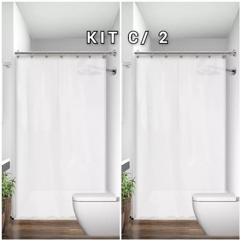 KIT 2 Cortina para Box de Banheiro Luxo Tecido Poliéster Lavável com Ganchos 1,38m x 1,98m Branca