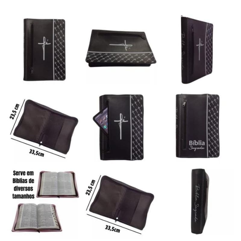 Capa para Bíblia com Zíper e Bolso Externo Preta para Bíblia de Estudo Média Numero 11