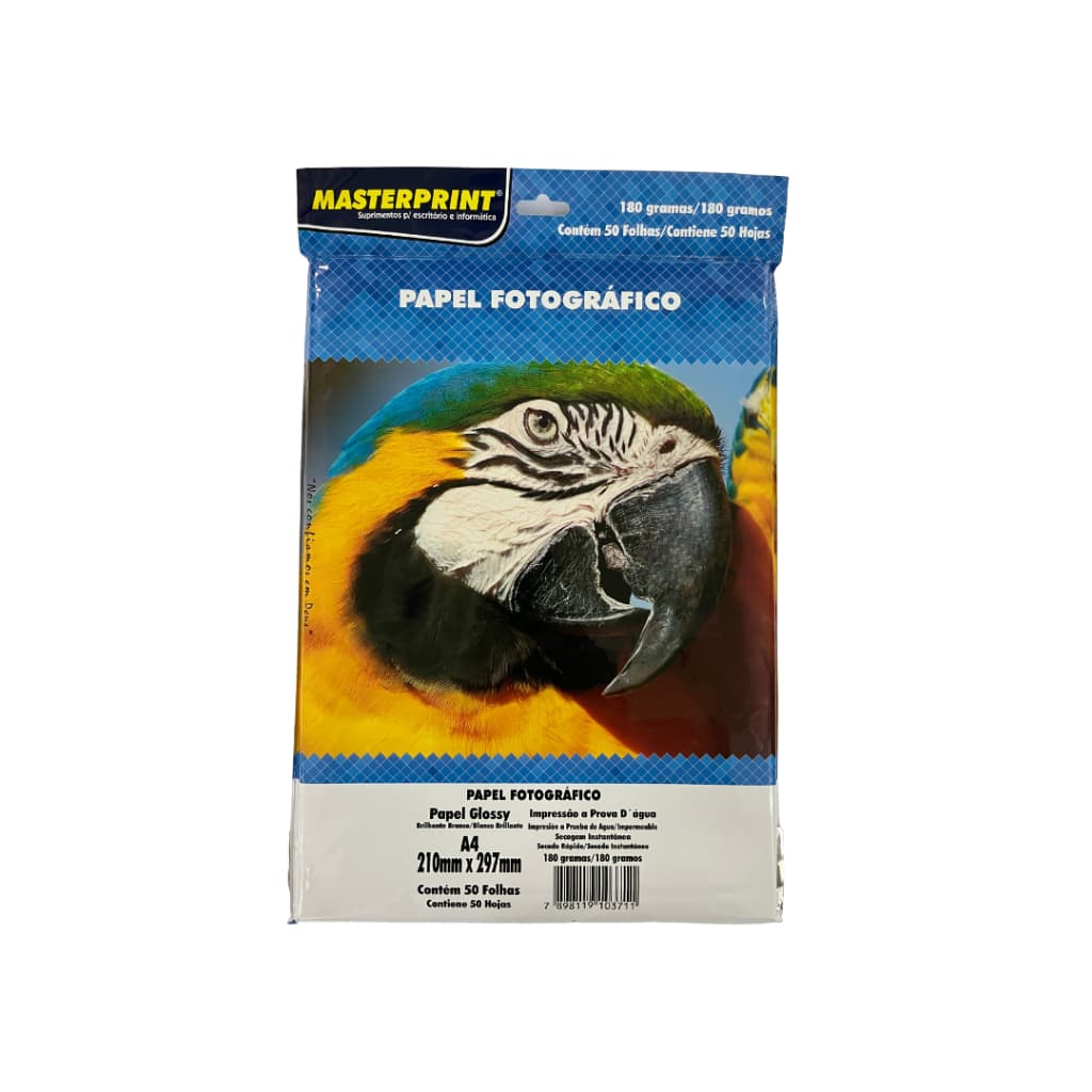 Papel Fotográfico 180g A4 50 folhas Brilhante Glossy Resistente a Água - Masterprint