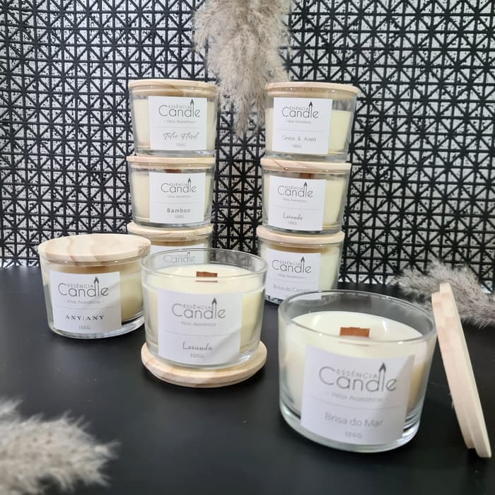 Vela Aromática 100g Perfumada Decorativa Vegetal - Pavio de Madeira - ESSENCIAS PREMIUM