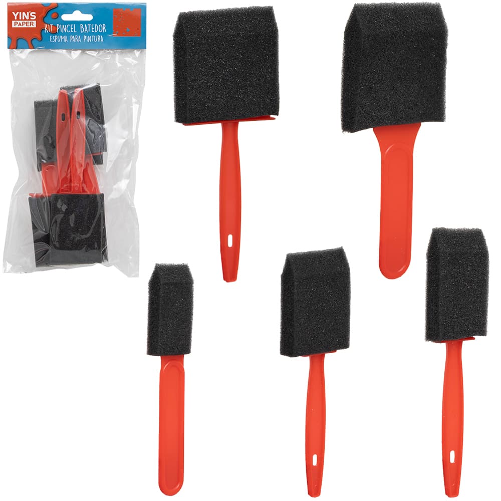 PINCEL BATEDOR DE ESPUMA PARA PINTURA CABO PLASTICO YINS PAPER COM 5 PECAS 7/6/5/4/2,5CM