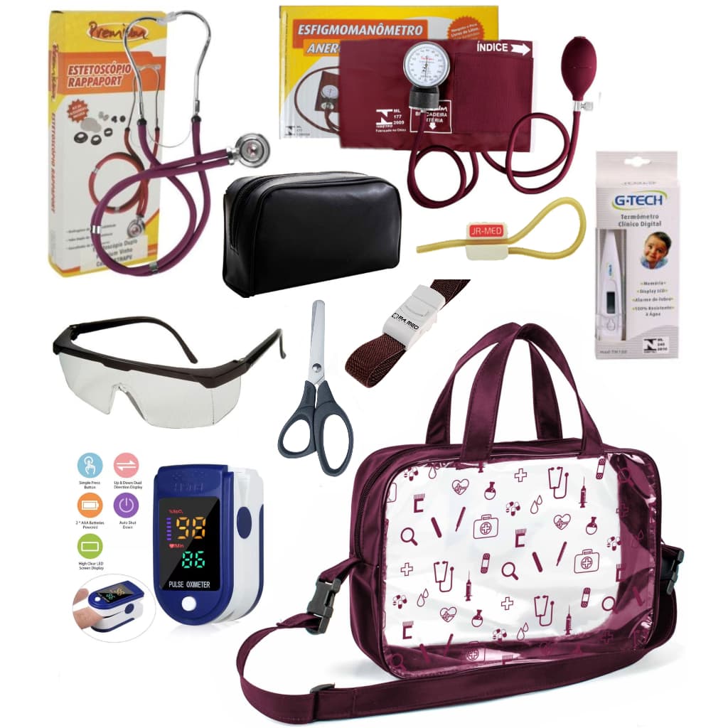 Kit Material Estágio de Enfermagem Aparelho de Pressão e Estetoscópio Duplo com Oximetro e Bolsa  VINHO ROSA PRETO AZUL