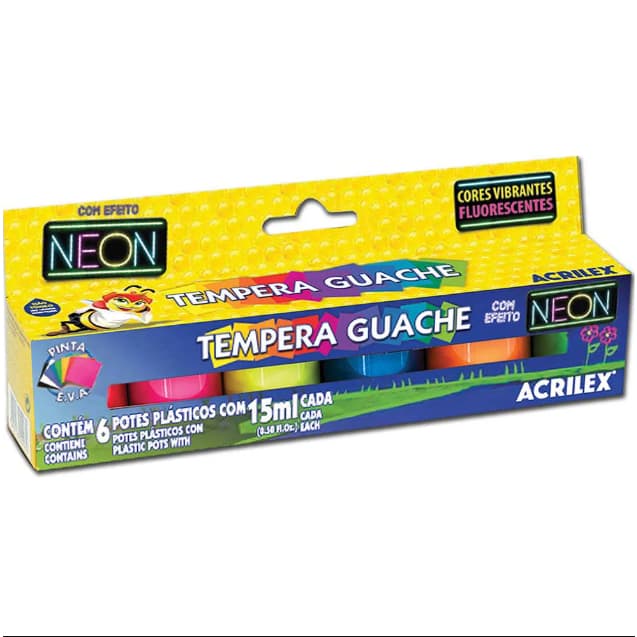 Tinta Guache Colorida Neon 6 Cores Lavável - Acrilex