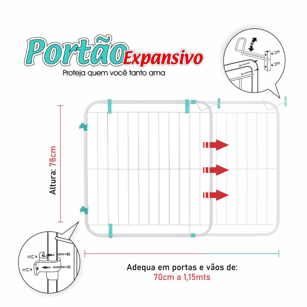 Portão Expansivo Grade Proteção Criança Pet Cachorro ( 70cm a 115cm)