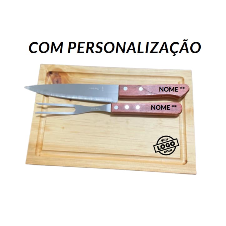 Kit Churrasco tábua Grande + Faca e Garfo Personalizados