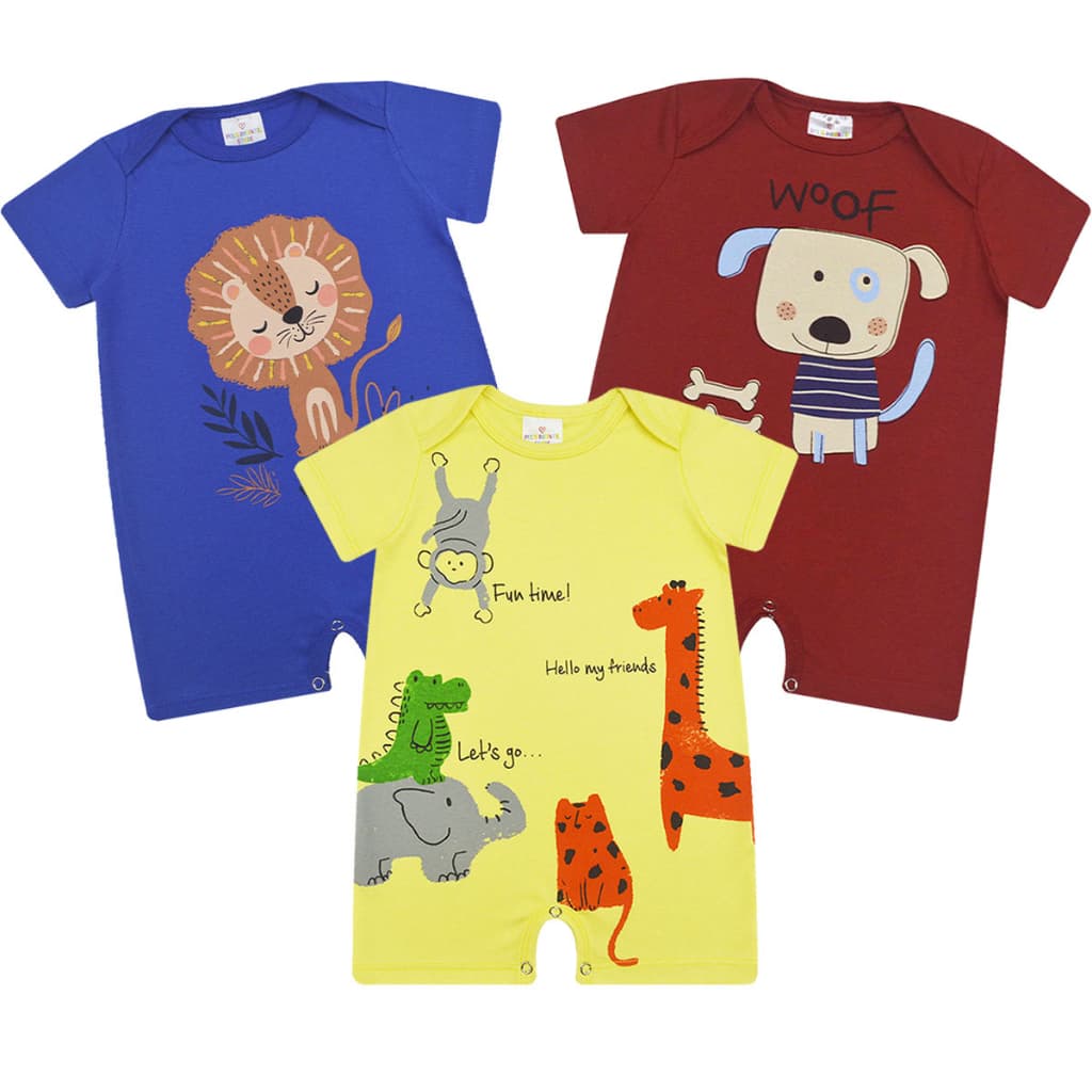 Kit 3 peças Macacão curto, Romper, macaquinho menino, banho de sol, P ao GG, Amarelo, Azul, Vermelho