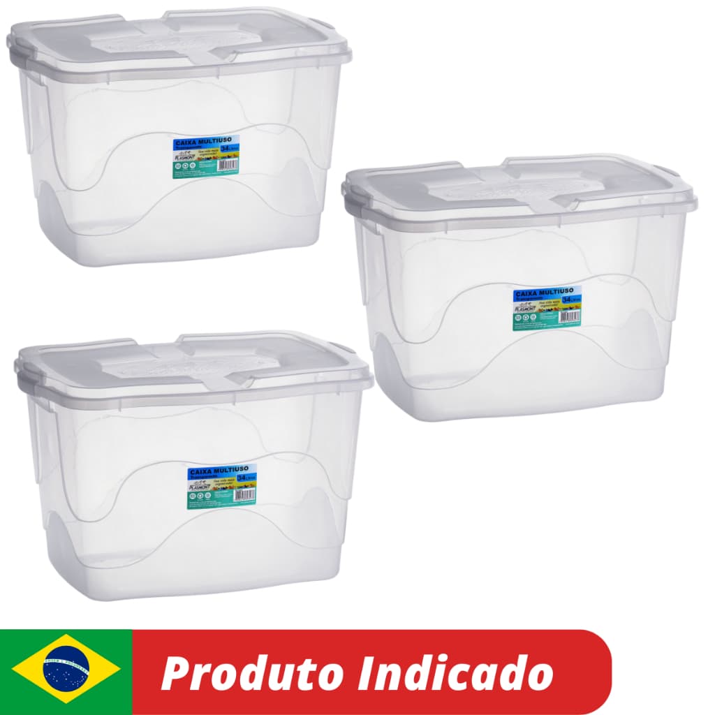 Conjunto 3 Caixa Organizadora 34 Litros Transparente Brinquedo Roupa Cesto Multiuso Grande Organizador