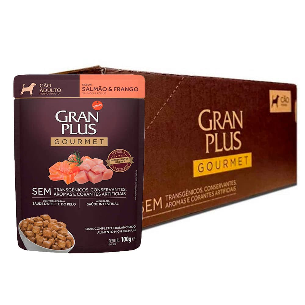 Caixa 18un Ração Úmida Sachê GranPlus Gourmet Cães Adultos Salmão e Frango 100g