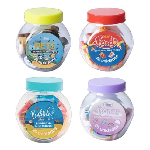 Mini Borrachas Kit com 20 Unidades - Tilibra | Papelaria | Mini Bubble Pets Foods Dreams