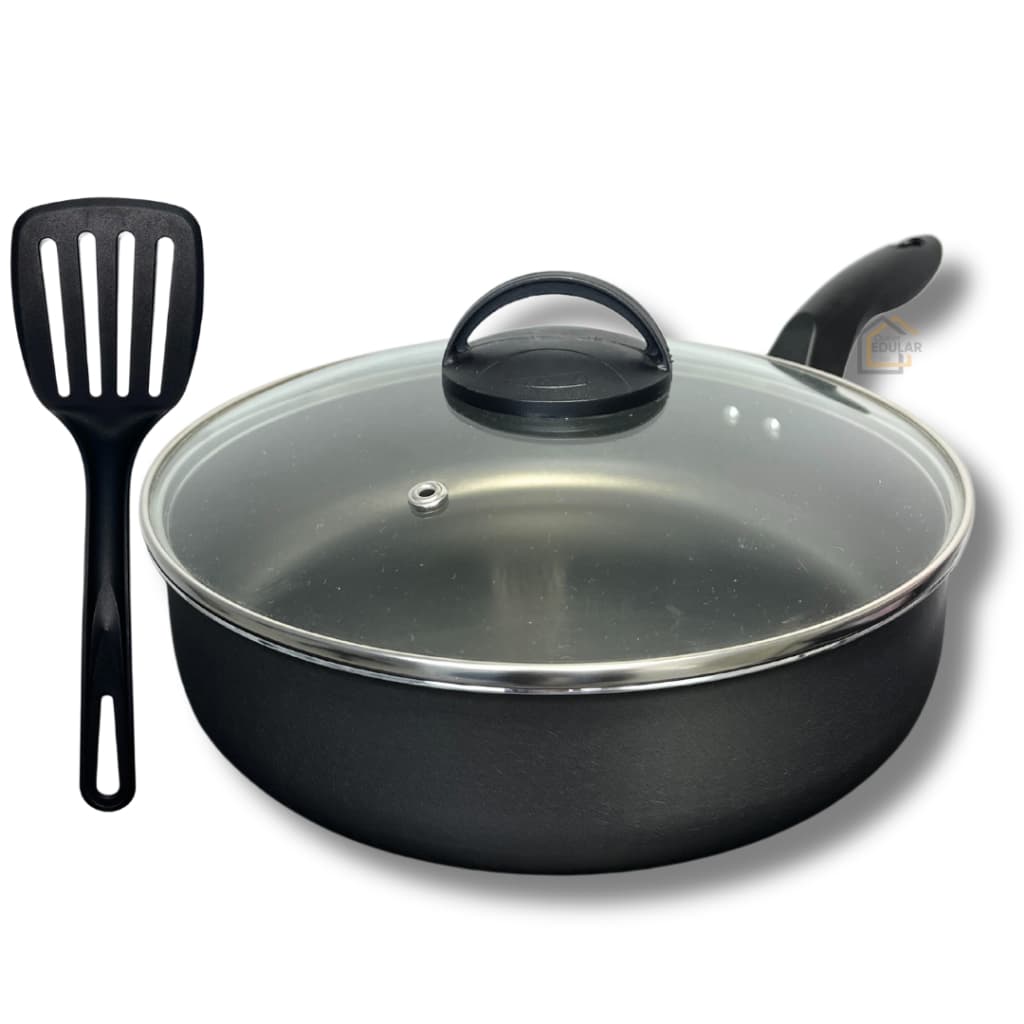 Frigideira Alta 24 cm Antiaderente Teflon com Tampa de Vidro e Espátula Nylon Cor Grafite