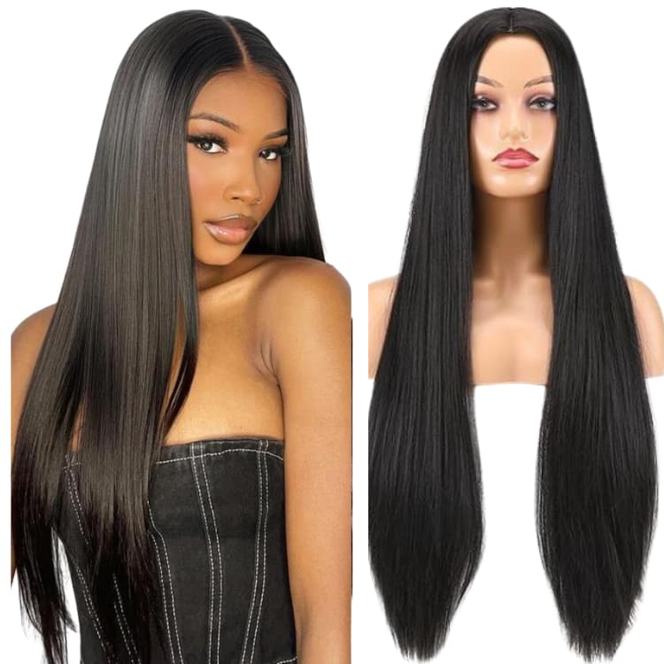 Peruca Fibra Orgânica Lisa Sem Franja Preta Super Natural + Cap