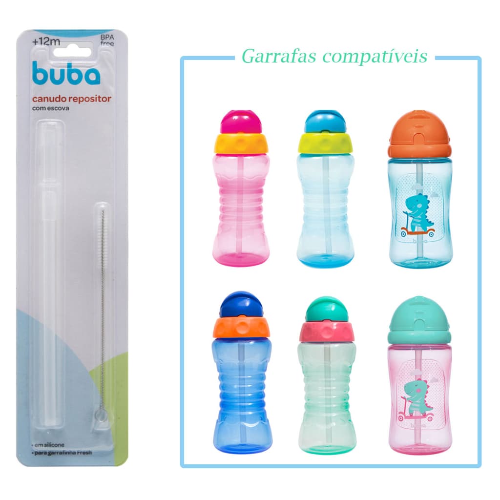 Canudo Refil com Escova de Limpeza Garrafinha Fresh e Dino Buba