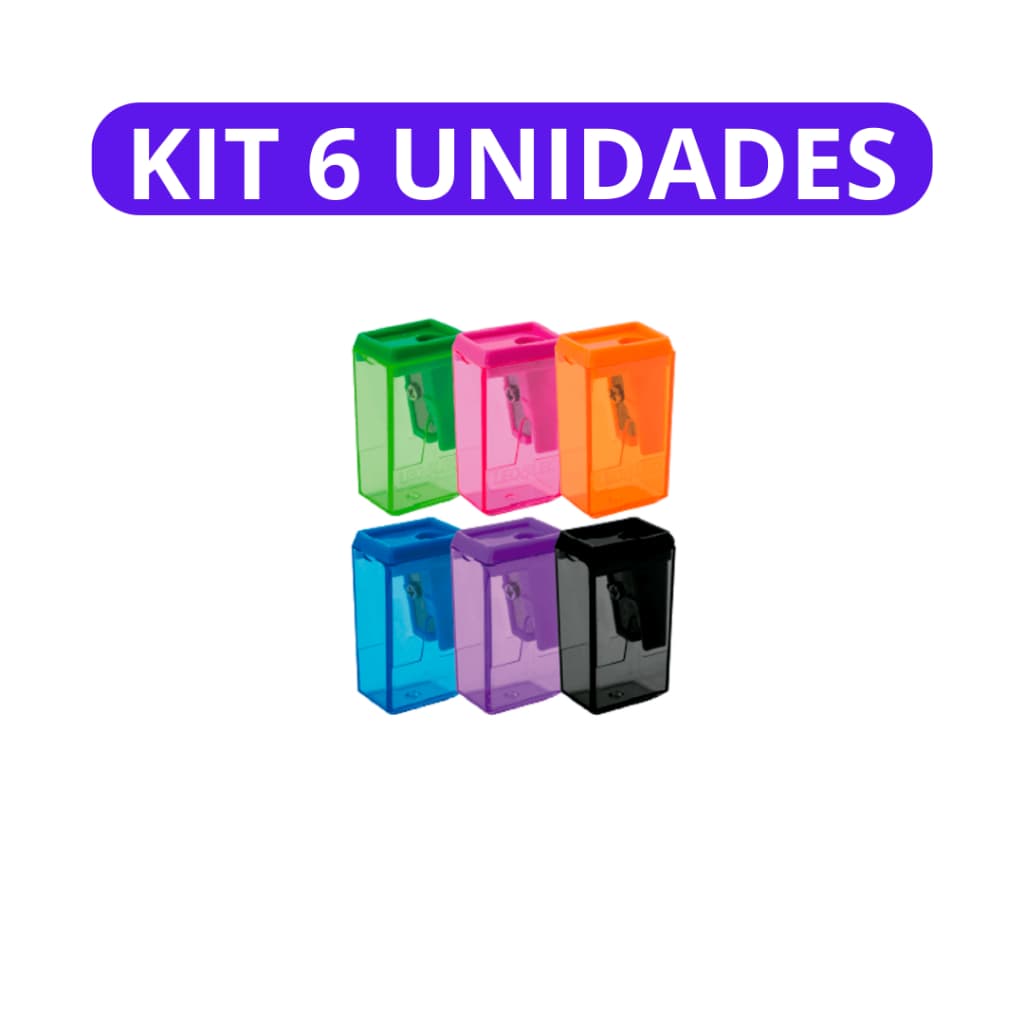 Apontador com Depósito Retangular com Lixeira Bloco Escolar-Kit 6 Unidades