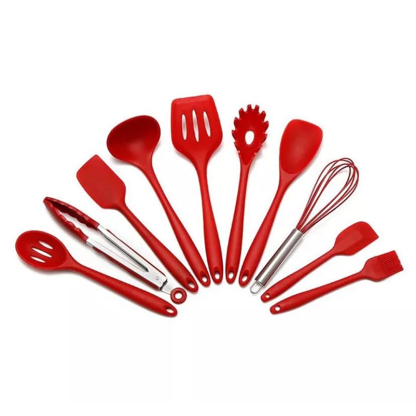 Jogo 10 Colheres De Silicone Cabo Inox Utensílios Cozinha
