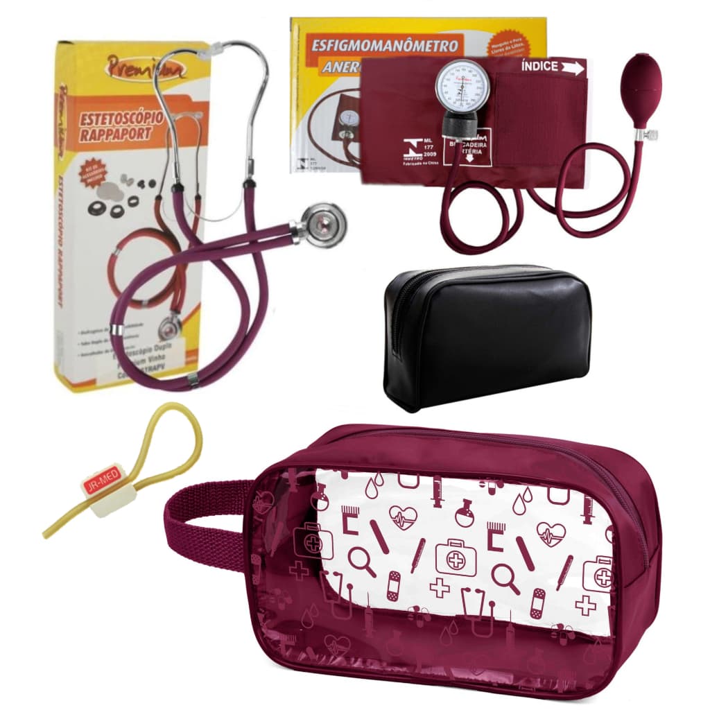 Kit Material de Enfermagem Aparelho Pressão com Estetoscópio Rappaport Duplo Premium + Necessaire Exclusiva