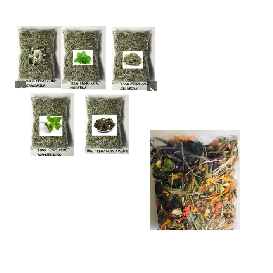 Kit Feno 5 Sabores Manjericao Camomila Cidreira Amora Hortela Mais MIX 100gr