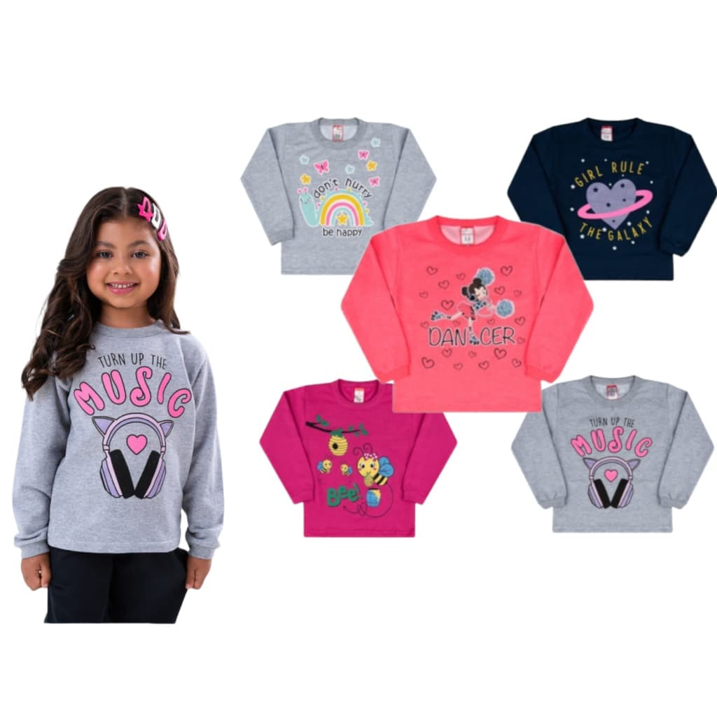 Kit 3 Casacos Moletom Feminino Blusa Menina 1 a 8 Inverno Flanelado