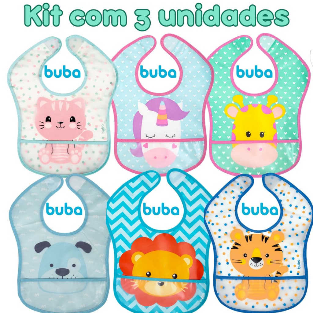Babador Bebe Kit Com 3 Unidades Impermeável e Com Bolso Pega Migalhas