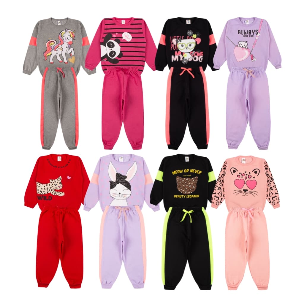 Kit Sortido 6 Peças de Roupas Feminino Infantil Inverno – 3 blusas casacos + 3 calças de 1 ao 10 Kit 3 Conjuntos Moletom