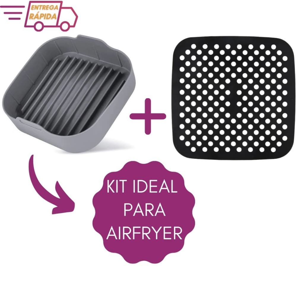 Kit Forma e Tapete de Silicone Airfryer para Assar Grelhar Cozinhar Quadrada