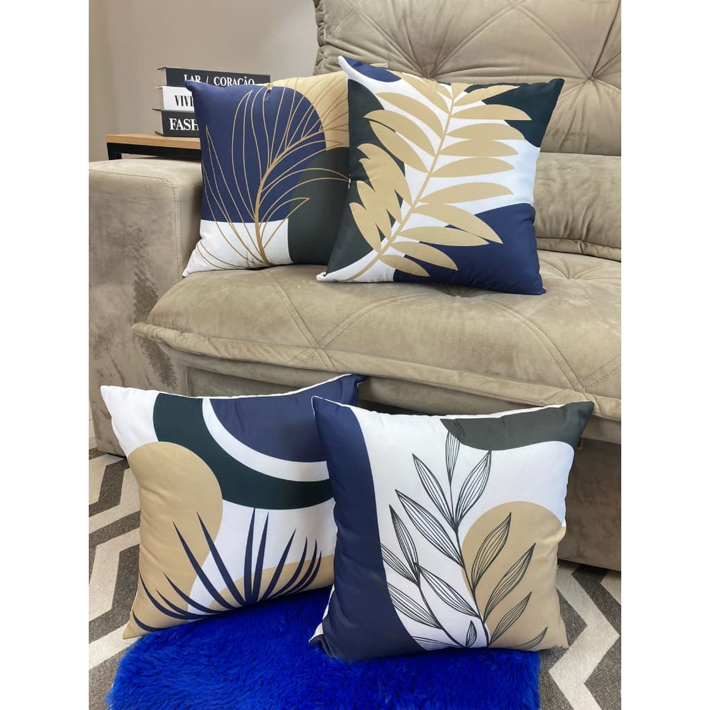 Kit 04 Almofada Cheias Decorativa Estampa Modern Print Luxo Abstrato Folhas Azul e Bege