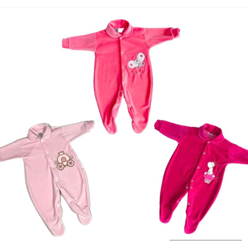 Macacão Bebê PLUSH Liso e Bordado em várias cores para Meninas. Muito Macio e Quentinho P M G