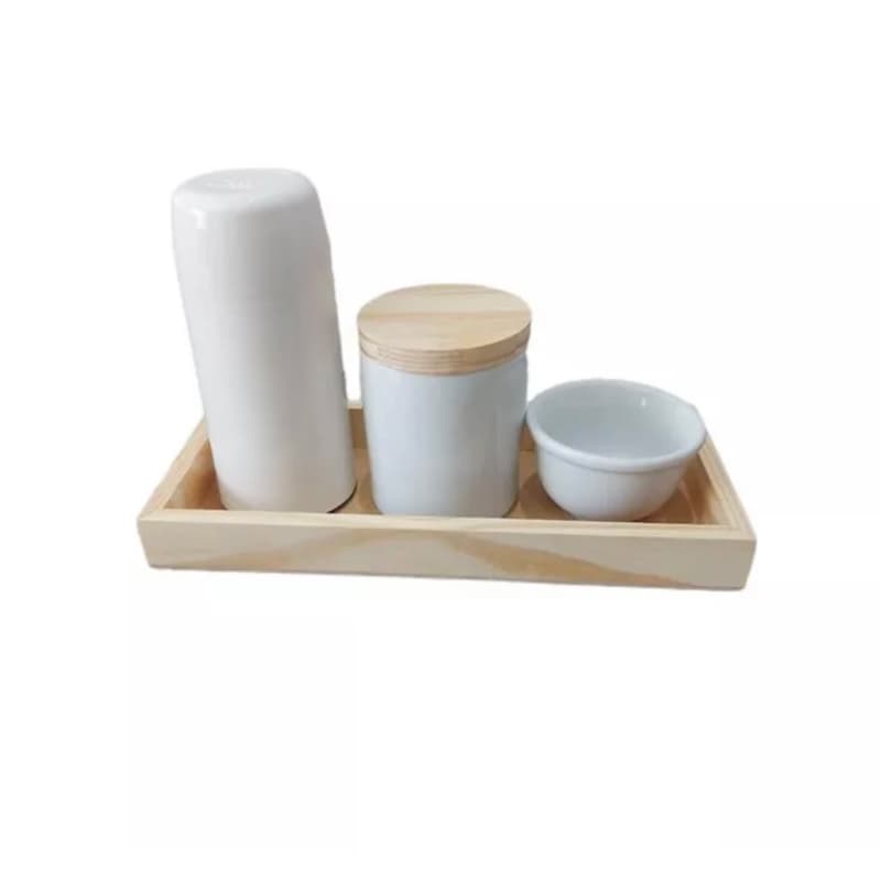 Kit Higiene Bebe Porcelana Branco Gelo 4 Peças Pote Garrafa Termica Molhadeira