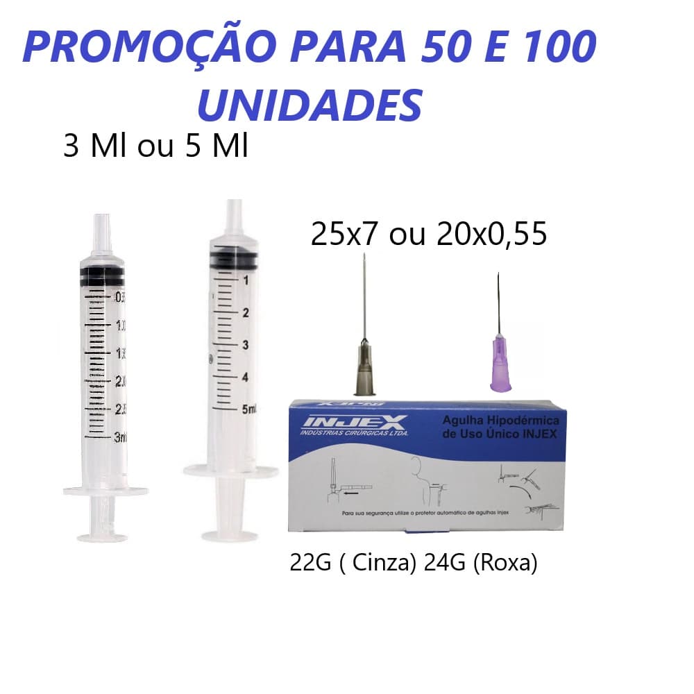 50 / 100 Unidades de Seringa de 3ml ou 5ml Slip com agulha com 25x7 (Cinz a/ Preta) ou 20x55 (Roxa / Lilas)