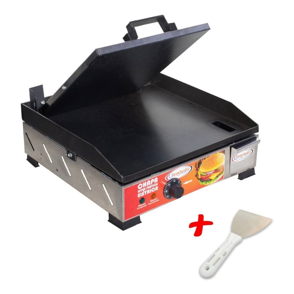 Chapa Elétrica Com Prensa De Lanches Hamburguer 40x40cm Inox Profissional + Espátula