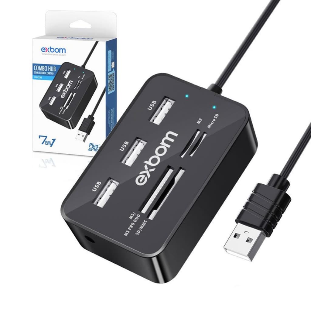 Hub 3 x USB 2.0 com leitor de cartão de memoria 7 em 1 EXBOM UH-R230
