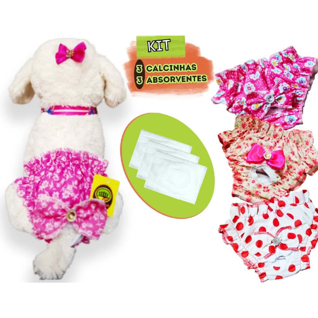 Ki 3 Calcinha Higiênica e 3 Absorventes Roupa Cachorro Pós Cirúrgica Castração Cio