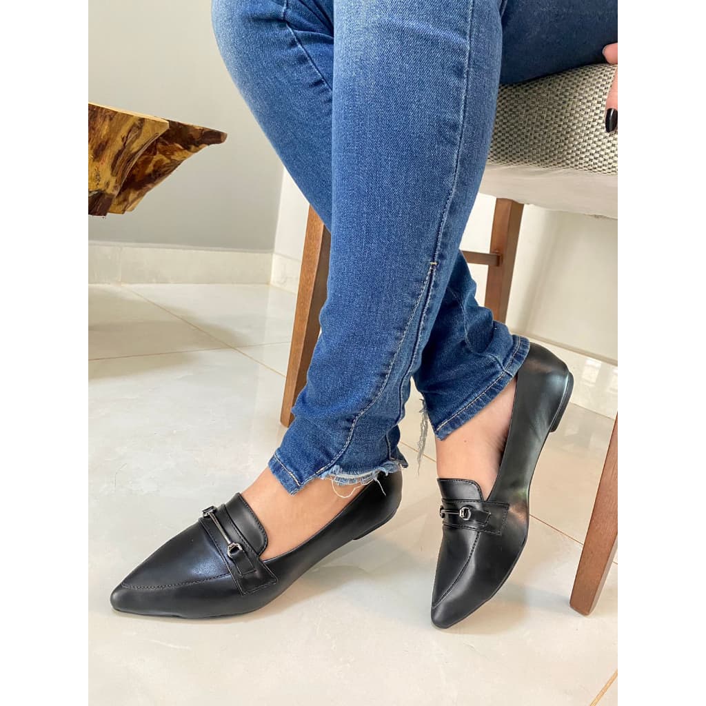 Sapatilha Feminina Mocassim Bico Fino Casual Confort Napa Preta