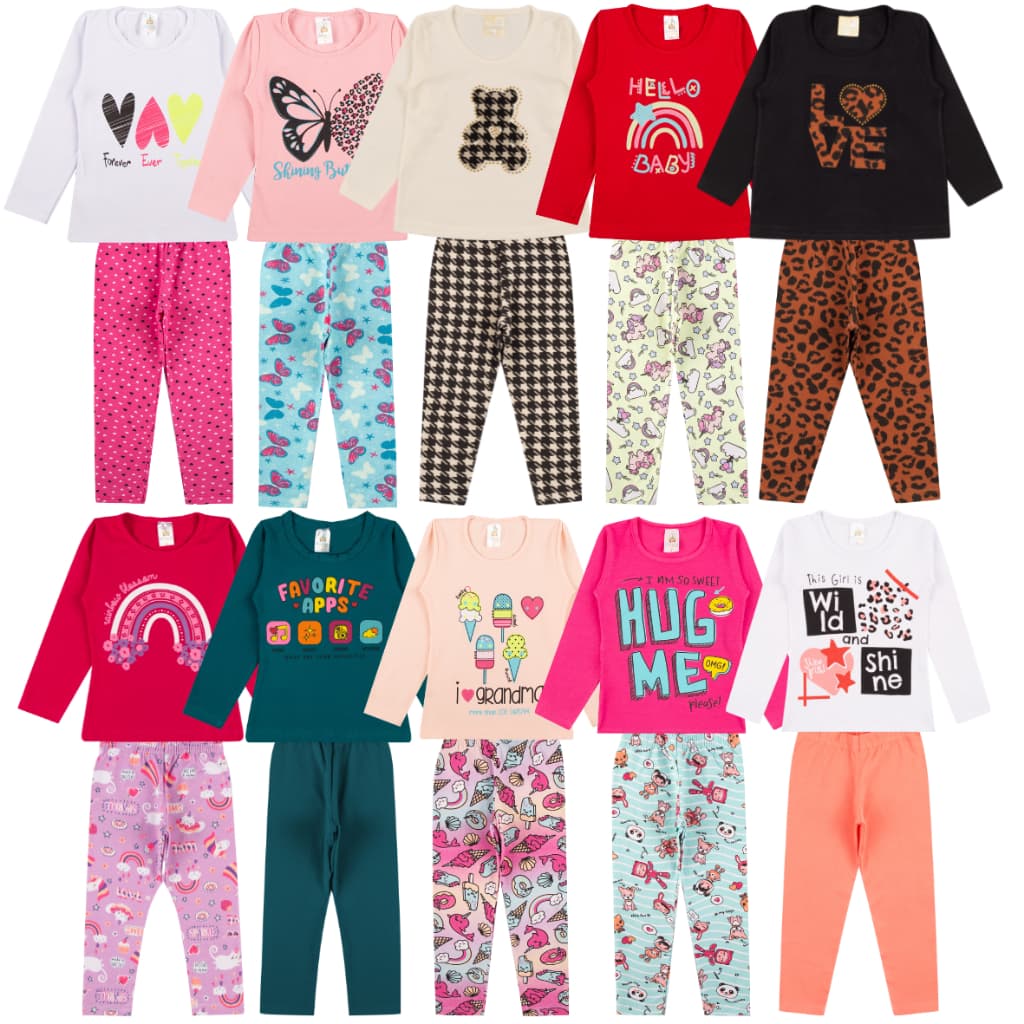 Kit Sortido 6 Peças de Roupas Feminino Infantil Inverno e meia estação – 3 camisas manga longa + 3 calças legging