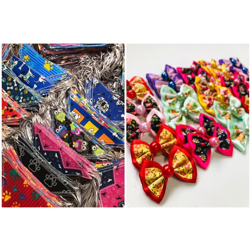 Kit Conjunto 10 Bandana + 10 Laços Pet Mix Cores Variadas Cães Cachorro Gatos Banho e Tosa