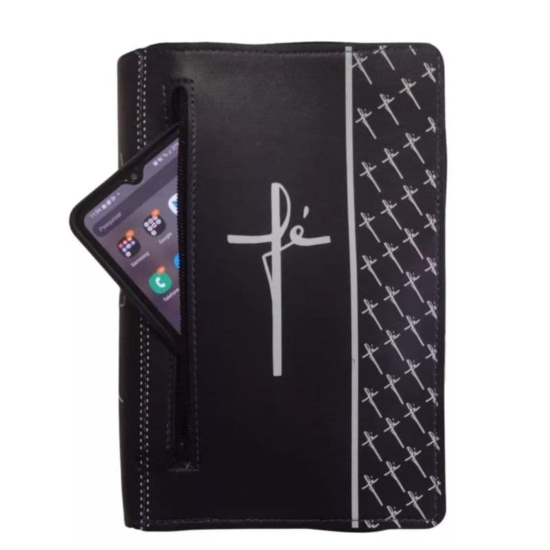 Capa para Bíblia Sagrada com zíper bolso externo fé rosa, preto.