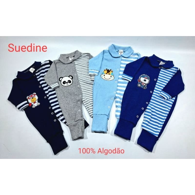 Macacão De bebê Suedine  Pé Reversível Estampado Menino -Kit com 4 Cores Variadas