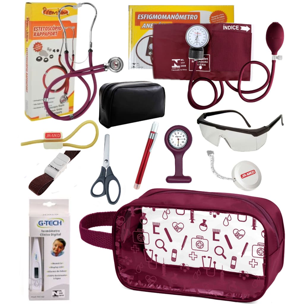 Kit Material de Enfermagem Aparelho Pressão com Estetoscópio Duplo Rappaport Premium Completo Cores + Necessaire