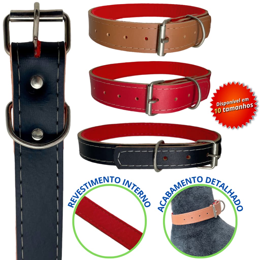 Coleira de couro forrado ajustável para cães pequeno médio e grande porte resistente