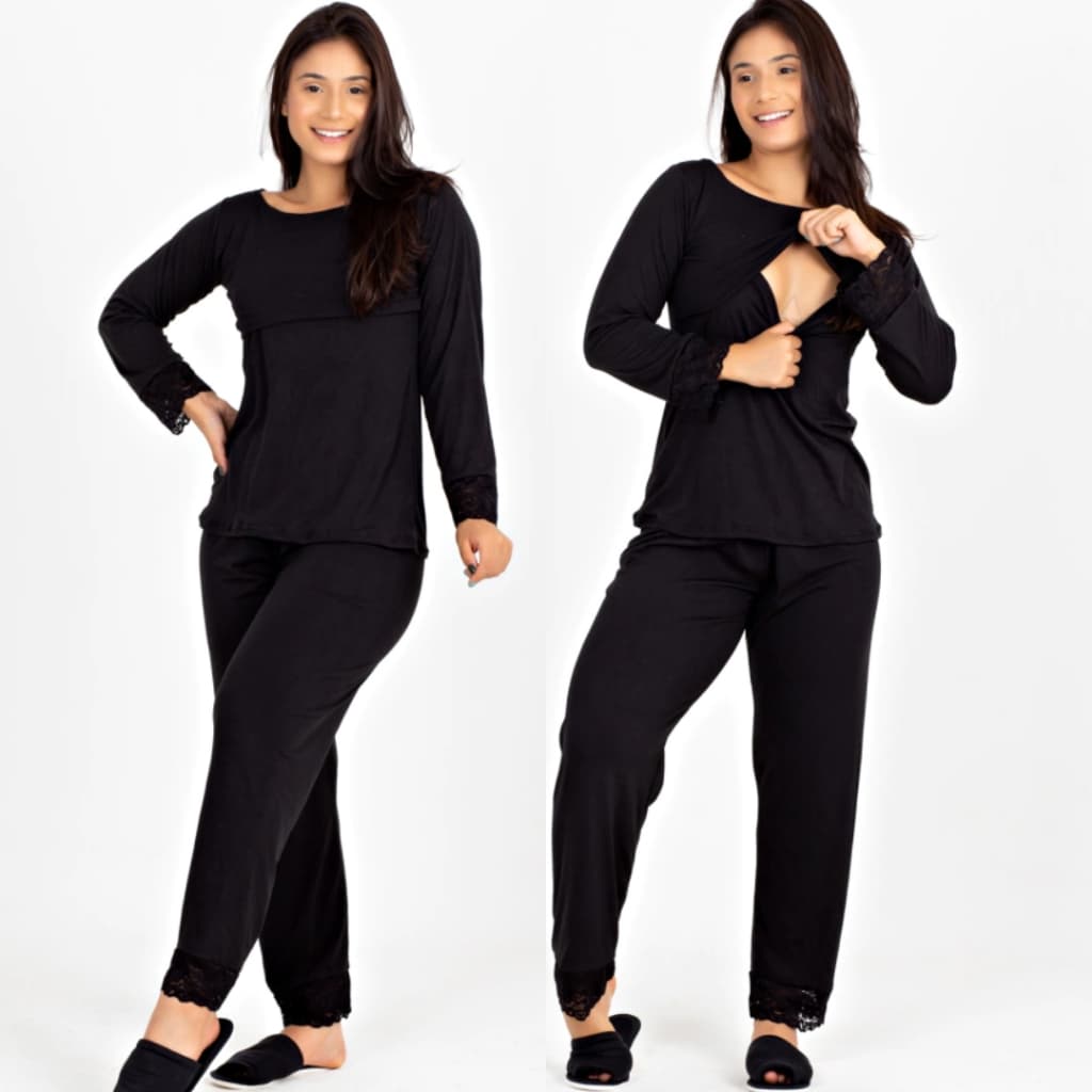Pijama Amamentação Longo Calça e Blusa Soft Fluffy Com Renda