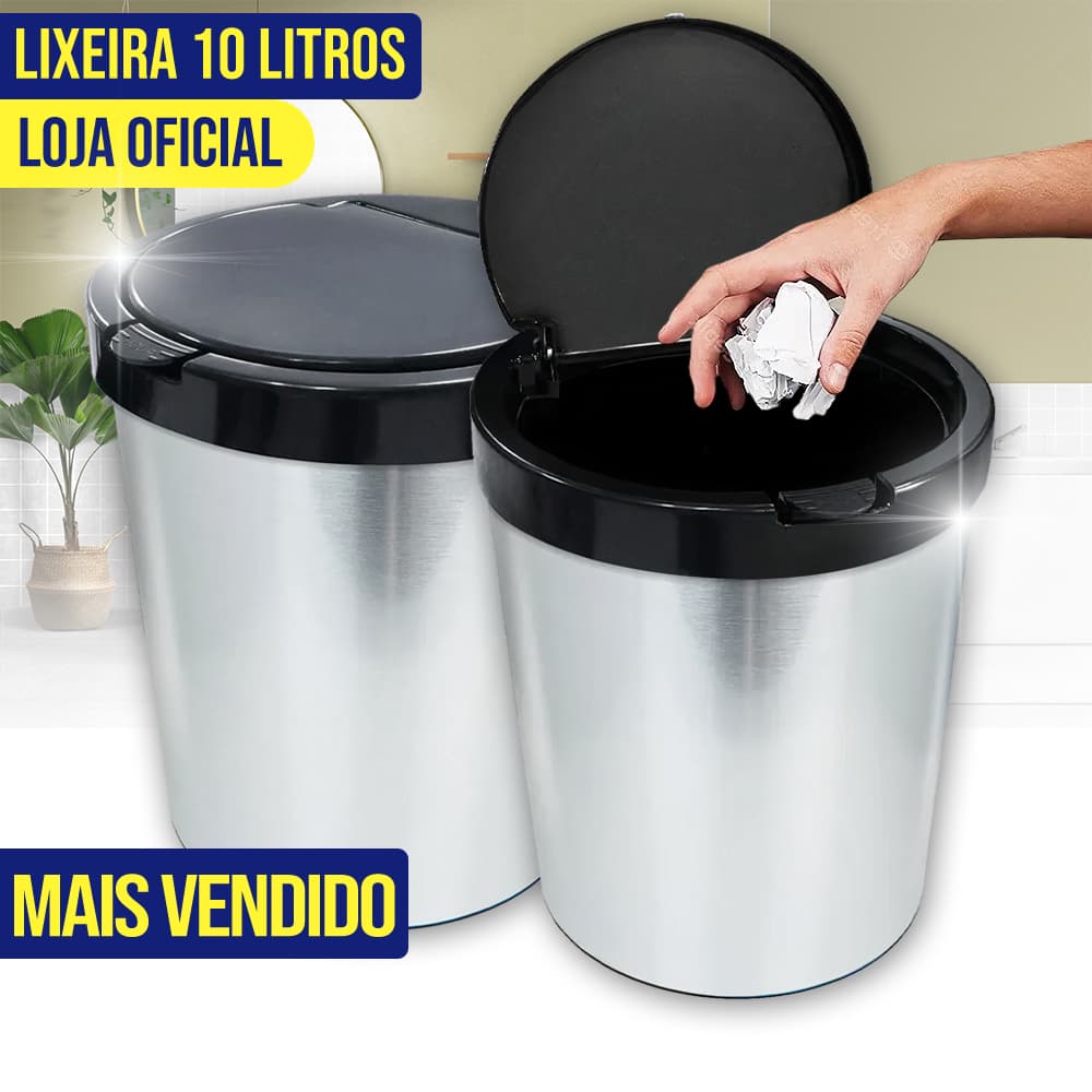 Lixeira Cesto de Lixo 10 Litros Inox Automática Tampa Click Label Banheiro Cozinha Escritório Quarto