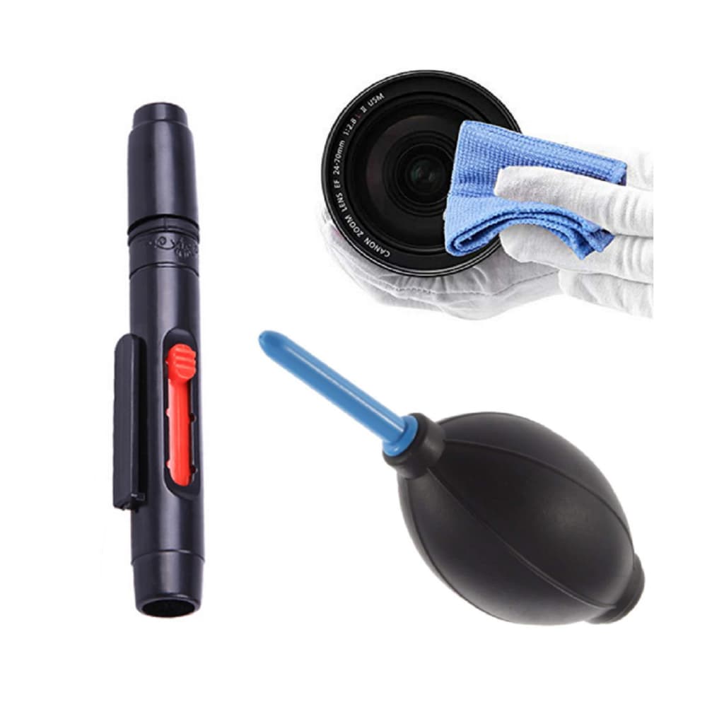 Kit Limpa Câmera Lente Fotográfica 3x1 Soprador Pano Microfibra e Pincel Macio Multi-função