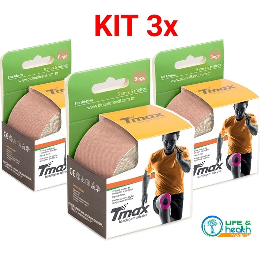 KIT 3X (TRES) Fita Kinesio Tmax Bandagem Elástica Terapêutica 5 Cm X 5m BEGE OU (DIVERSIFICADAS) Original