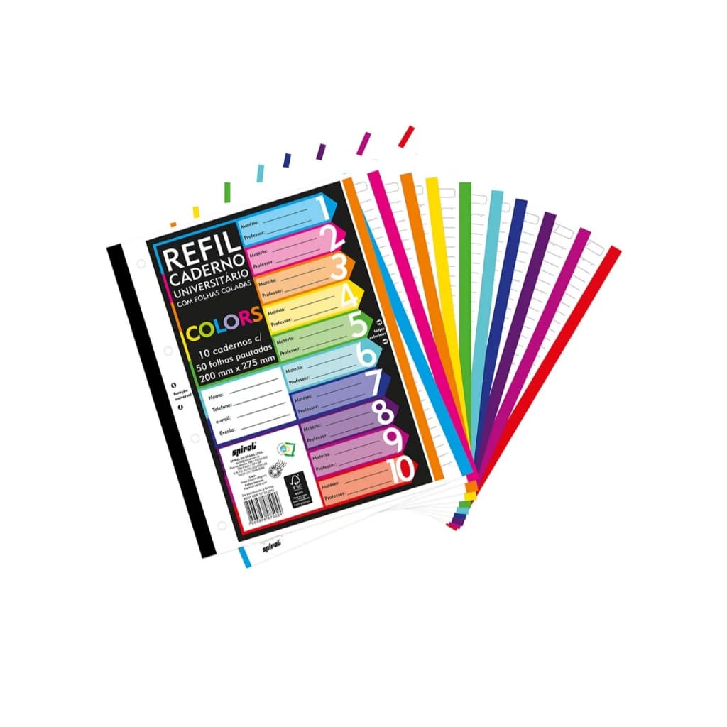 Folhas para Fichário universitário bordas coloridas 500 fls