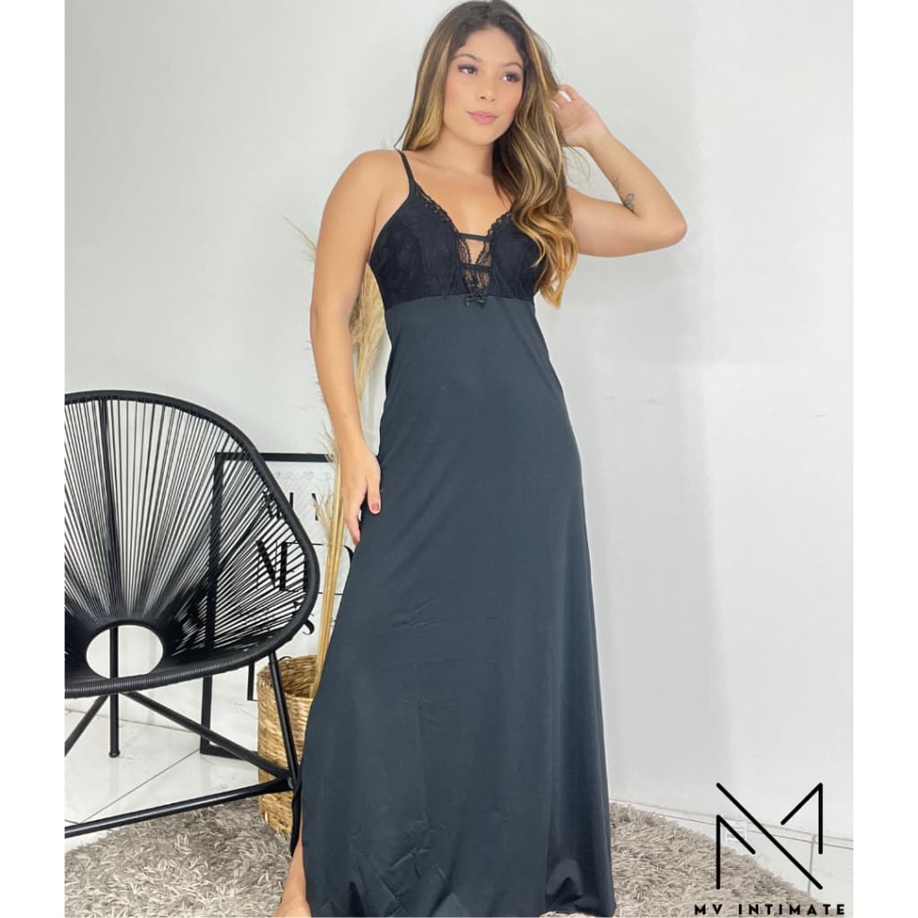 Camisola Longa Luxo com Detalhe em Renda em Microfibra 327