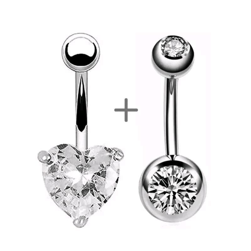 Kit 2 piercing de umbigo com strass pedra zircônia coração aço inoxidável