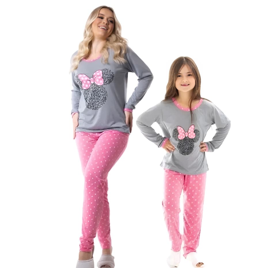 Kit 2 Pijamas Malha Premium Mae e Filha MINNIE Inverno Blusa Manga Longa Conforto