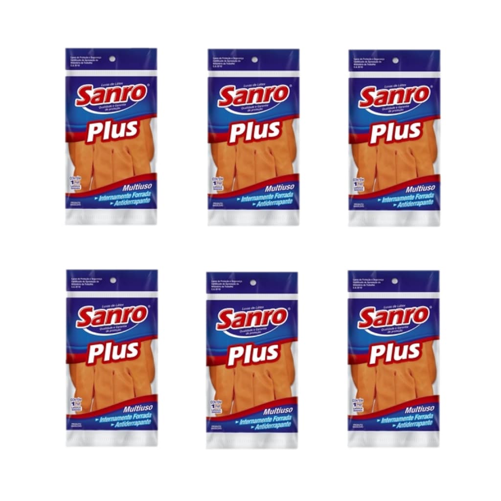 kit 6 Pares Luva Latex Limpeza Multiuso Plus Laranja - SANRO
